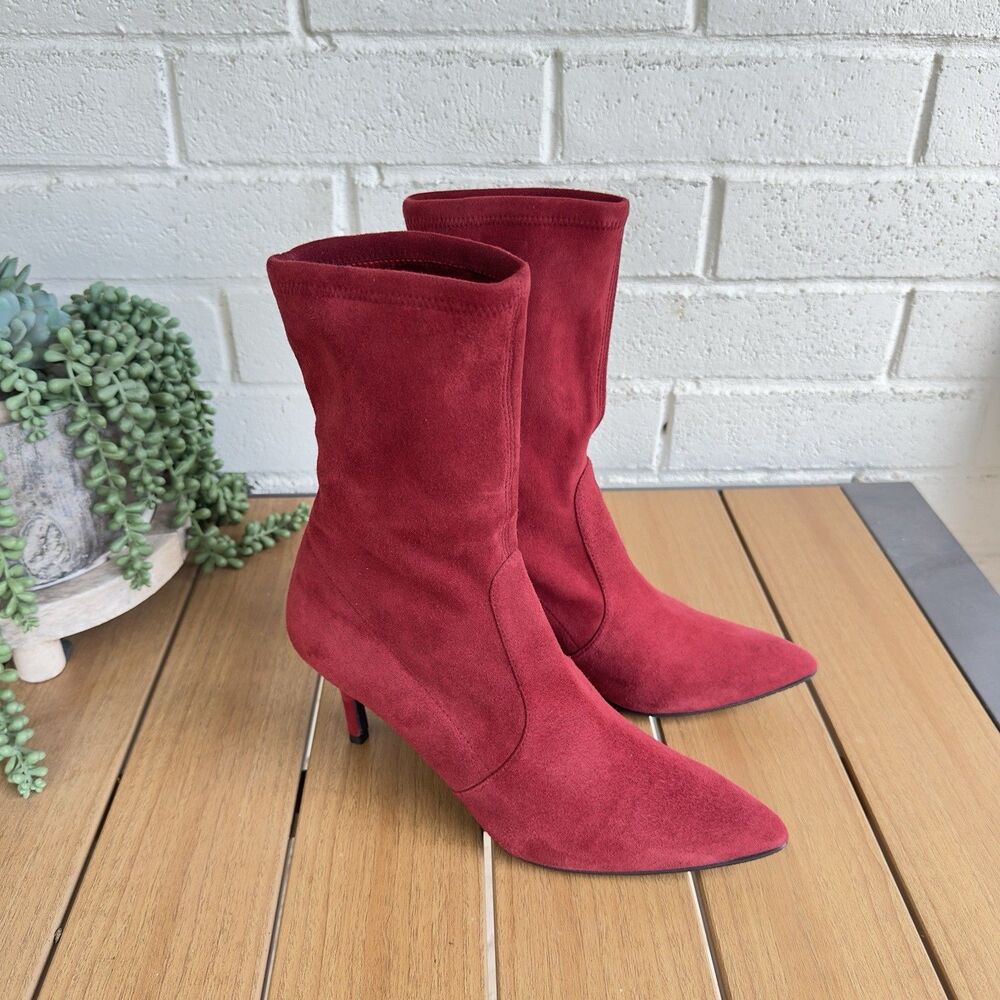 Stuart Weitzman Red Suede Sock Ankle Boots Pointed Toe Kitten Heel US 8.5 B